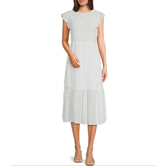 NWT‎ August Sky Womens Smocked Tiered Midi Dress White Size Medium - Picture 3 of 12